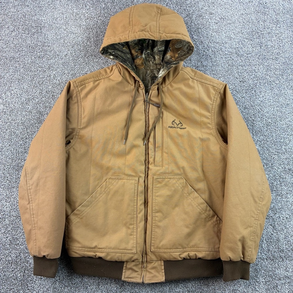 Realtree Canvas Jacket Mens Medium Brown Cotton Reversible Camouflage Hooded